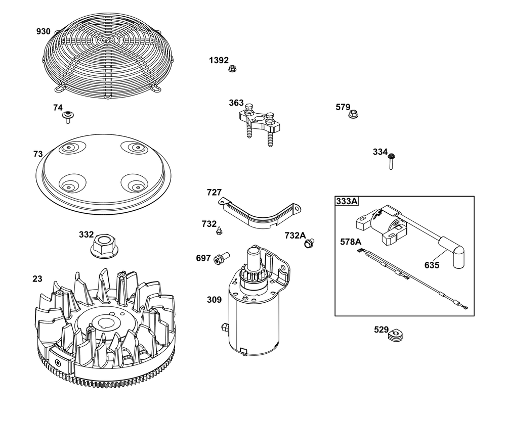 Flywheel, Ignition, And Starter Group Diagram and Parts List for 305777-0153-B5 200000 - 399999 Briggs and Stratton Engine